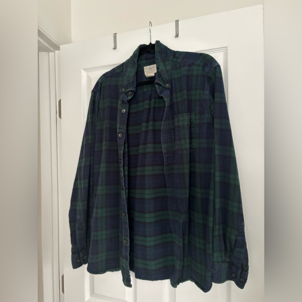 L.L. Bean Men's Dark Green and Navy Plaid Button-Down Shirt